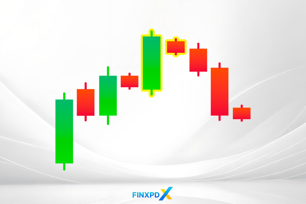 An image of a forex trading indicator featuring a bearish harami pattern, indicating possible downward market trends.