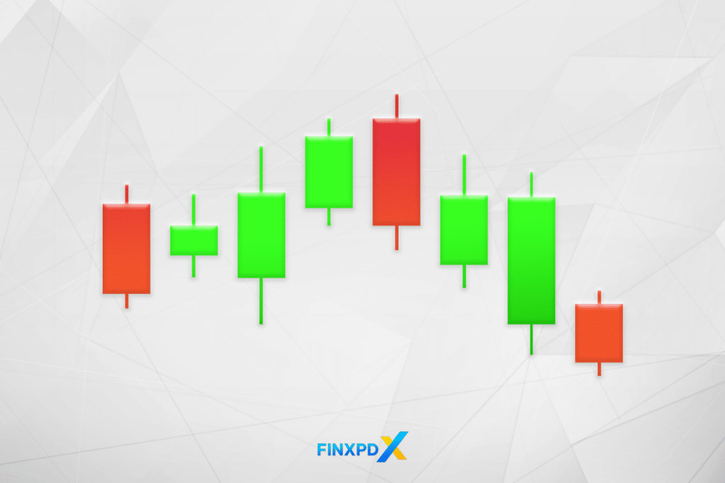 A bearish engulfing candlestick pattern, indicating a potential market reversal, with a larger red candle engulfing a smaller green one.