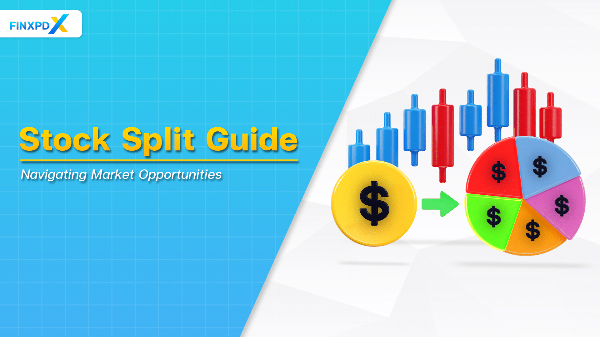 A comprehensive guide on stock splits, illustrating key concepts with multicolored pie chart, and dollar coins, along with a candlestick chart in the background.